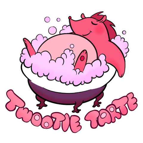 A pink hedgehog relaxing in a bubble bath. Text reads "Twootie Tarte". Made for twootietarte.com. Not for resale.