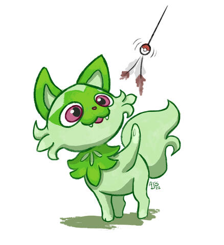 The grass-type pokemon "Sprigatito," batting at a pokeball-shaped cat toy.