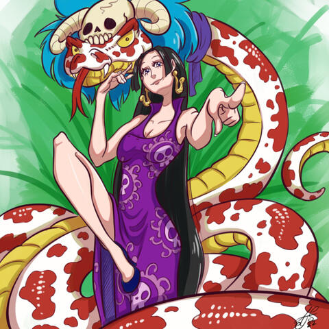 An image of Boa Hancock from the anime One Piece, donned in her iconic purple skull dress with her red and white cow-patterned snake coiled around her.