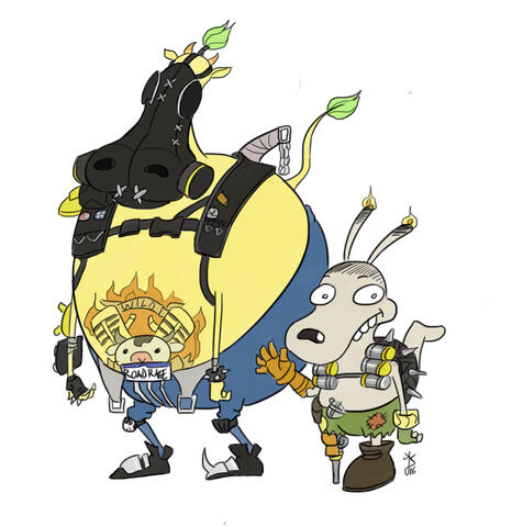 A silly crossover of character design between Rocko and Heffer from the cartoon "Rocko's Modern Life" and Roadhog and Junkrat from the video game "Overwatch," as the pair share similar character traits.