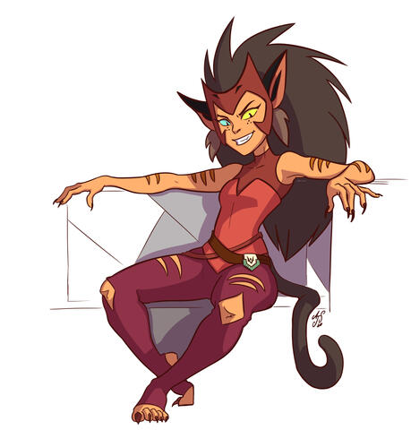 A picture of Catra from She-Ra and the Princesses of Power, seated and grinning.