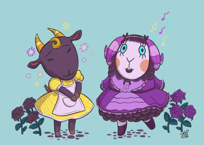 Nan the black goat and Muffy the Goth sheep from the game Animal Crossing, posing gleefully amongst black and purple roses.