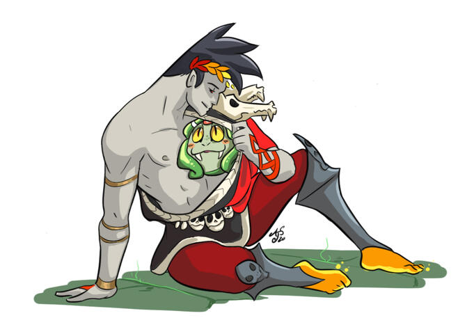 Zagreus from the video game "Hades," with his #1 fan Dusa tucked affectionately in his toga while reclining.