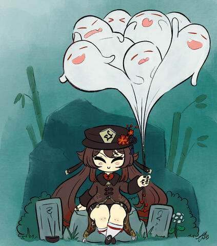 Hu Tao from the game "Genshin Impact," seated daintily on a rock with a fistful of ghost shaped balloons while surrounded by various graveyard accoutrements