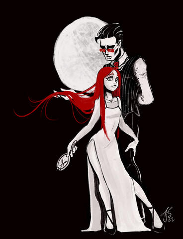 The beautiful red-headed Cecile, posed elegantly with her lover Reginald in front of a full moon.