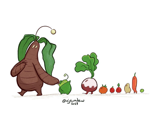 Mandrake and his son Bean, followed by a variety of vegetables including a turnip, some tomatoes, peppers, and and pea. Original characters.