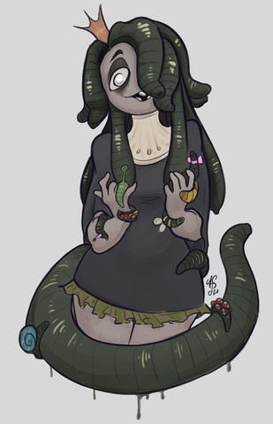 A bust of an anthropomorphic leech woman admiring her family of leeches, which cling to various parts of her body. Character design by Matilda Fiship