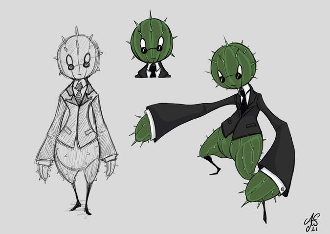 A quick sketch of a strange humanoid cactus wearing a suit jacket and tie.